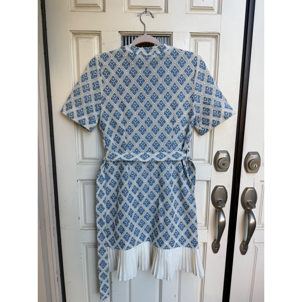 Sandro Blue White Heart Logo Jacquard Zip Front Pleated Mini Dress Size 38/M - Picture 3 of 13